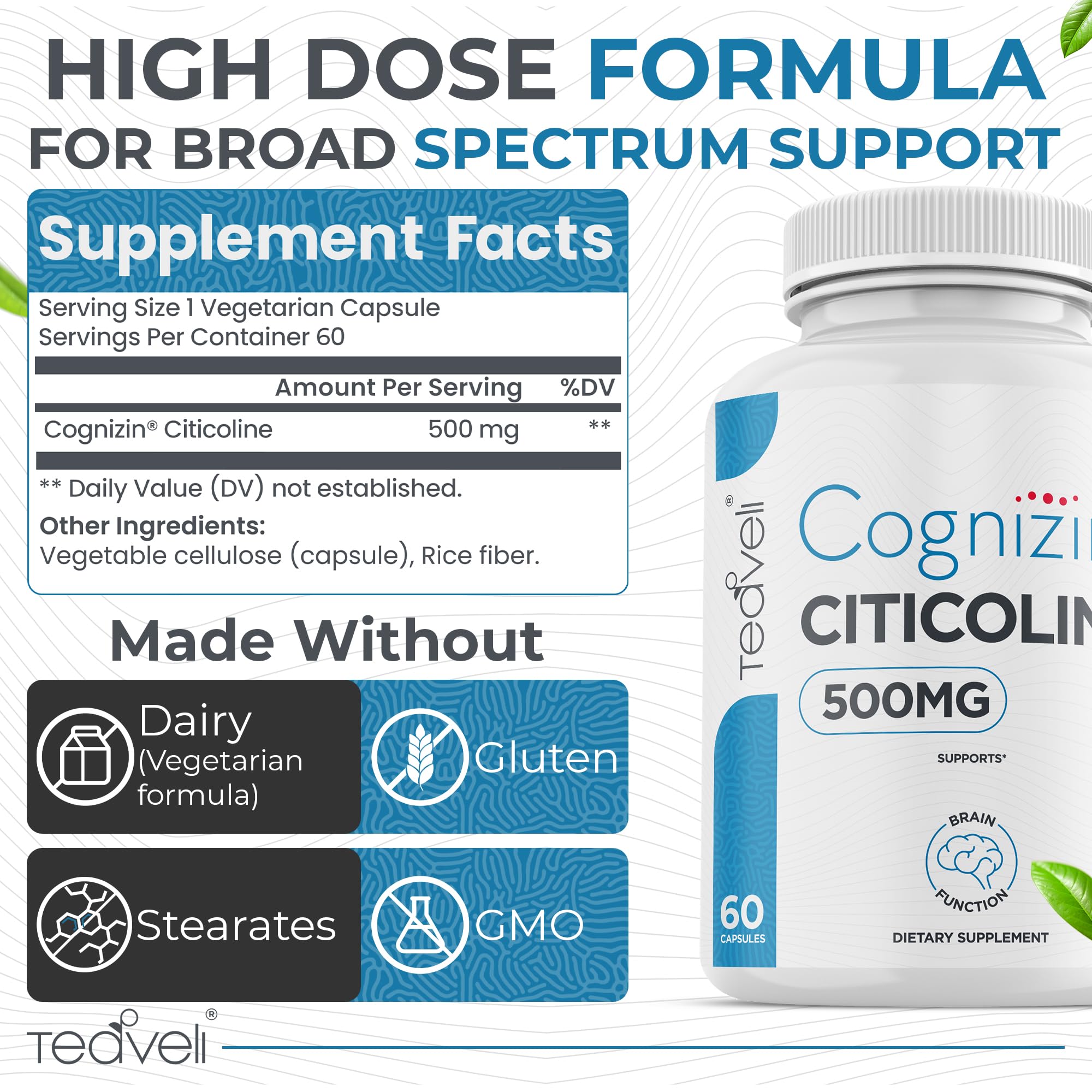 Teaveli Cognizin bottle label highlights 500mg CDP Choline for focus.