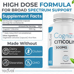 Teaveli Cognizin bottle label highlights 500mg CDP Choline for focus.