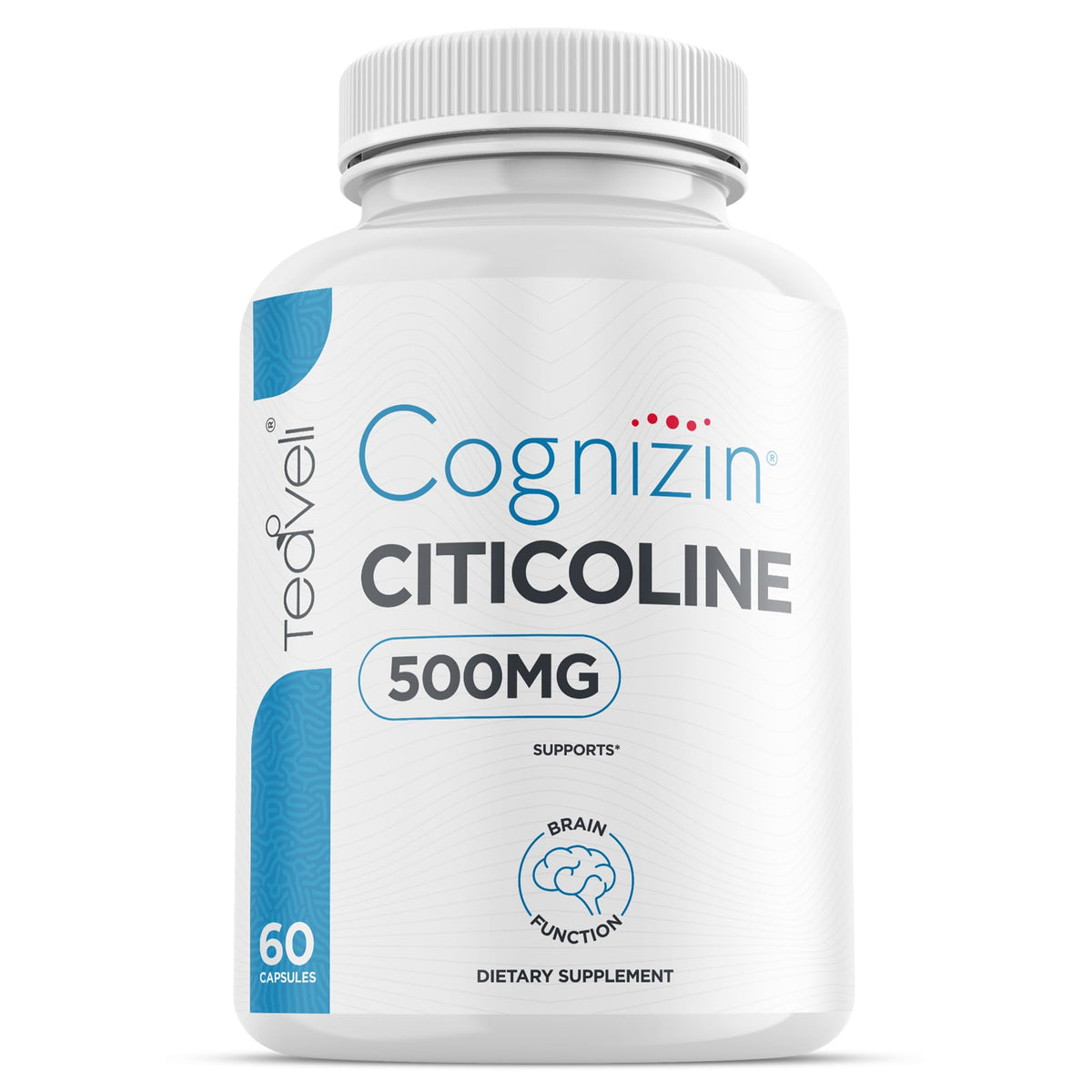 Teaveli Cognizin 500mg capsule close-up highlighting cognitive support.