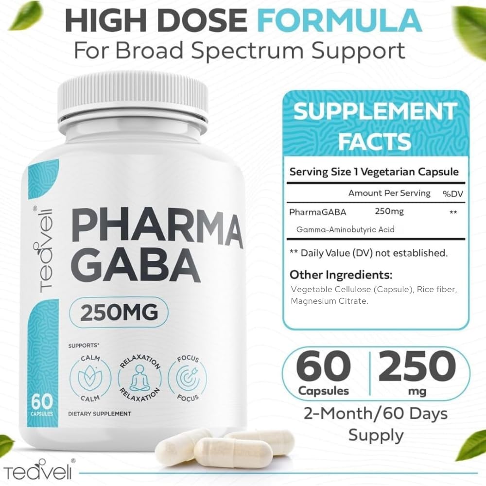 Teaveli Pharma GABA capsules on plain background signaling simple daily use and focus
