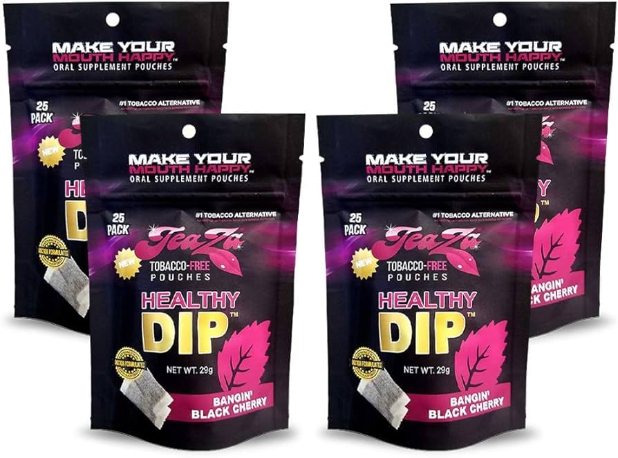 TeaZa Bangin' Black Cherry pouches pack for convenient tobacco-free dipping.