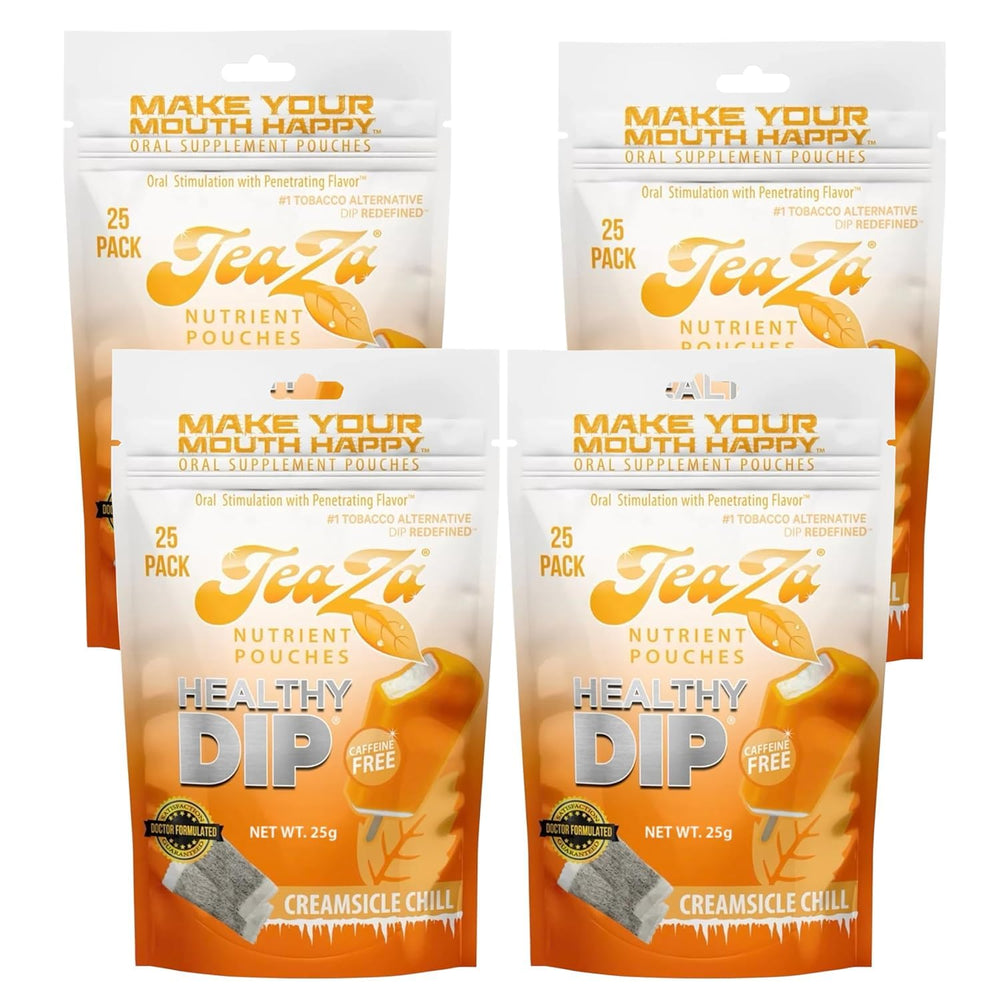 TeaZa Creamsicle Chill pouch pack showing a convenient 4-count tobacco-free option