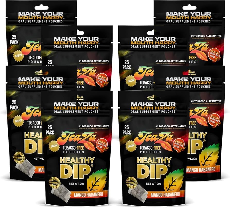 TeaZa Energy Mango Habanero pack front shows convenient nicotine-free pouches for on-the-go energy.