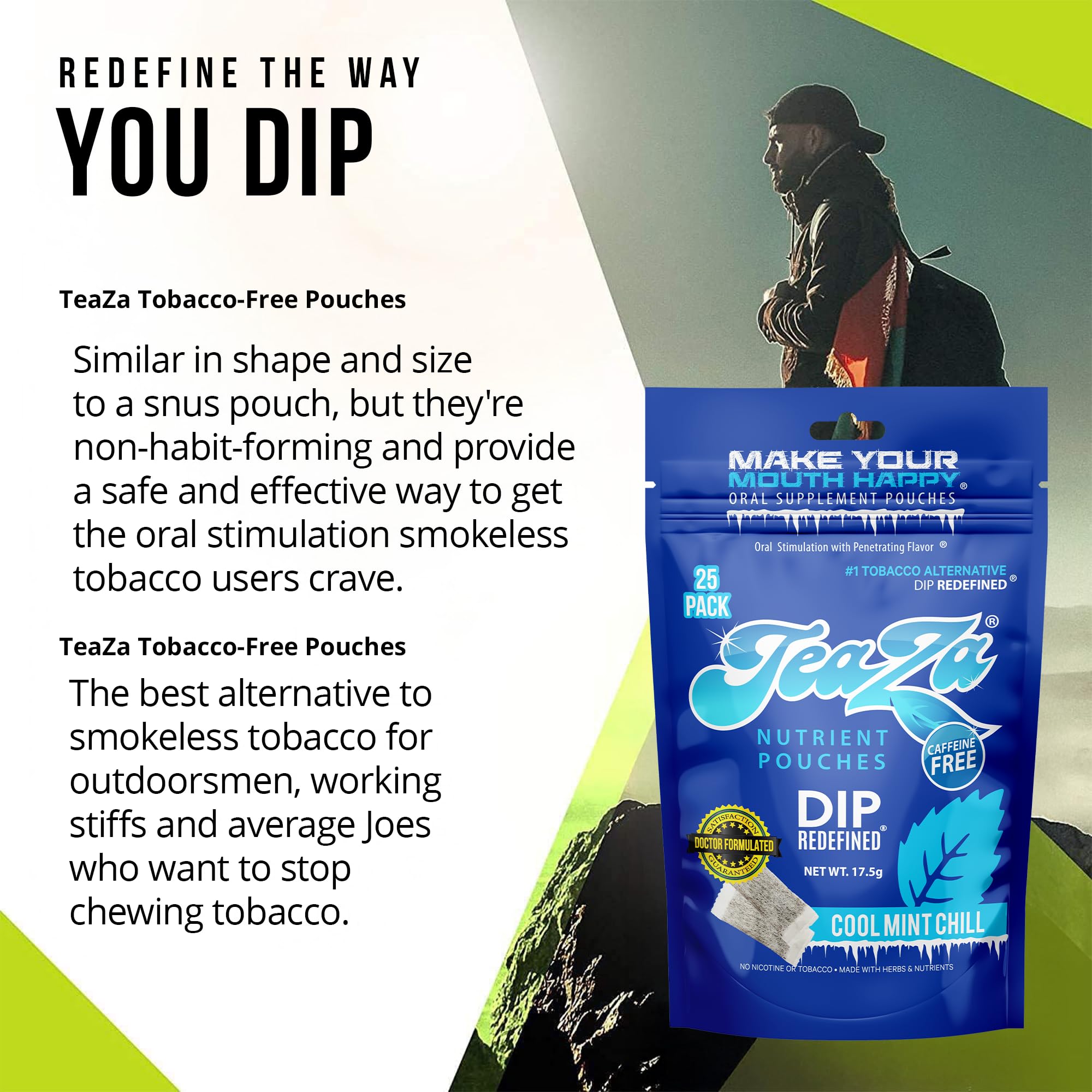 TeaZa Energy Pouch in water, suggests tea infusion option.