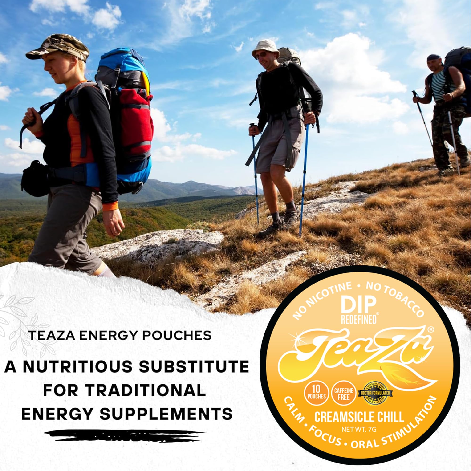 TeaZa Energy Pouches placed between lip and gum for lasting flavor.