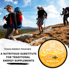 TeaZa Energy Pouches placed between lip and gum for lasting flavor.