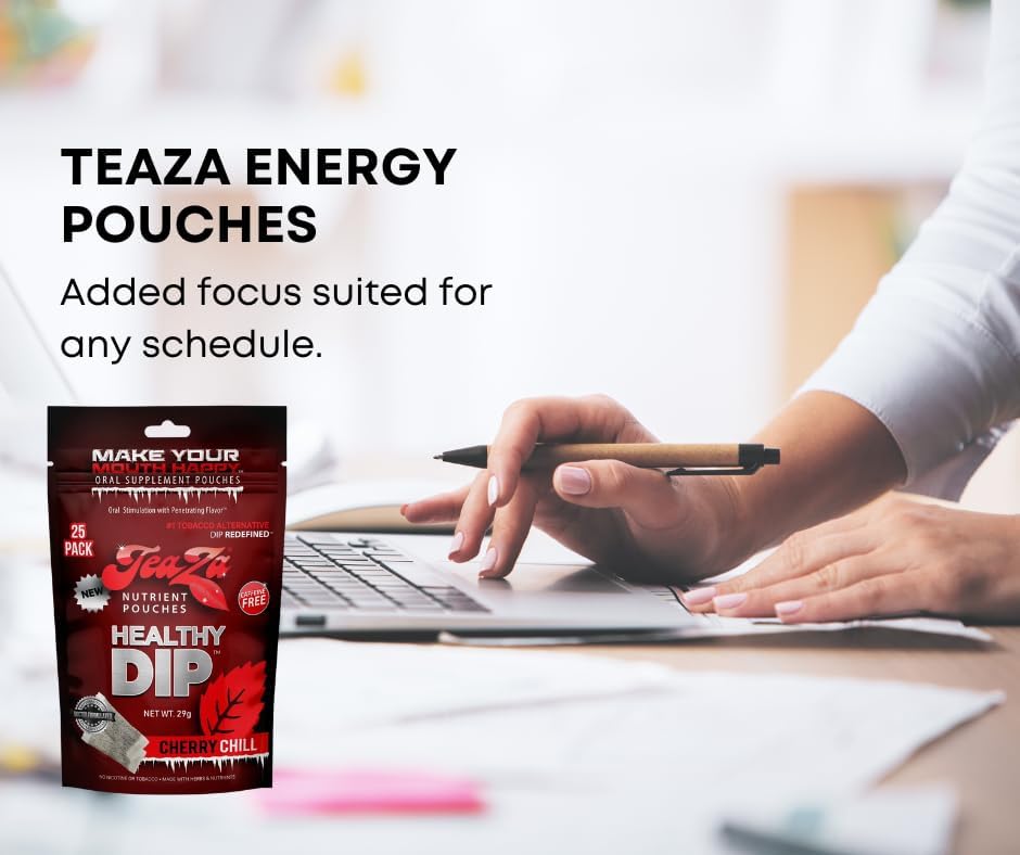 TeaZa Energy Pouches Cherry Chill bag in hand for on-the-go cravings.