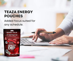 TeaZa Energy Pouches Cherry Chill bag in hand for on-the-go cravings.