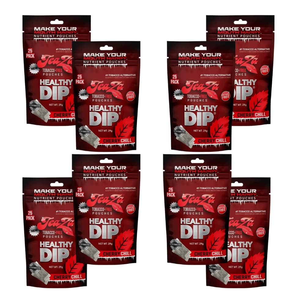 TeaZa Energy Pouches Cherry Chill pack front showing a tobacco-free dip alternative.