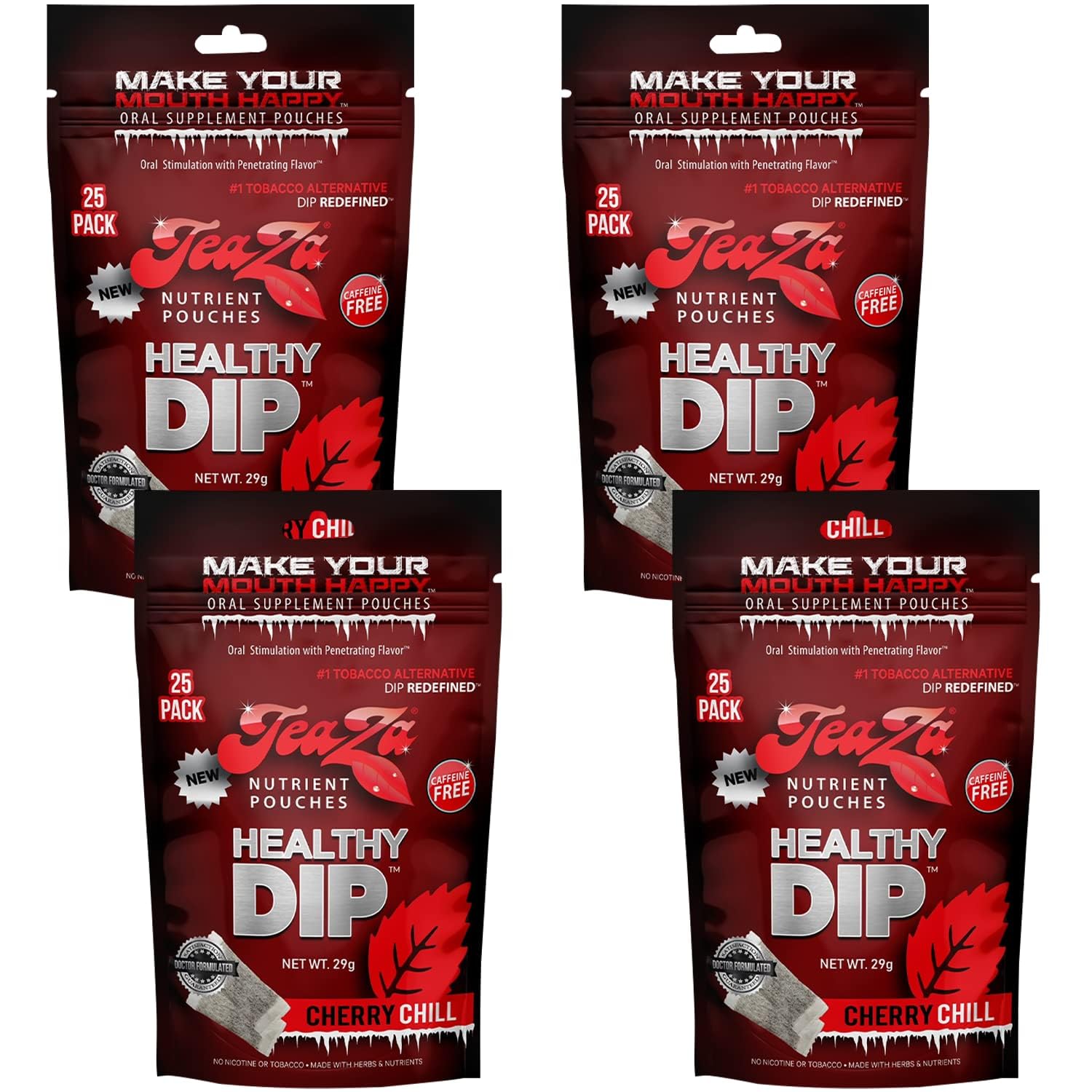 TeaZa Energy Pouches Cherry Chill pack shows convenient energy dip with bold cherry flavor