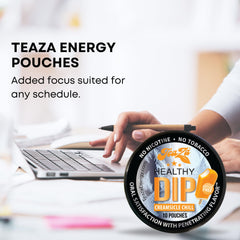 TeaZa Energy Pouches ingredients label showcases gluten-free, vegan benefits.