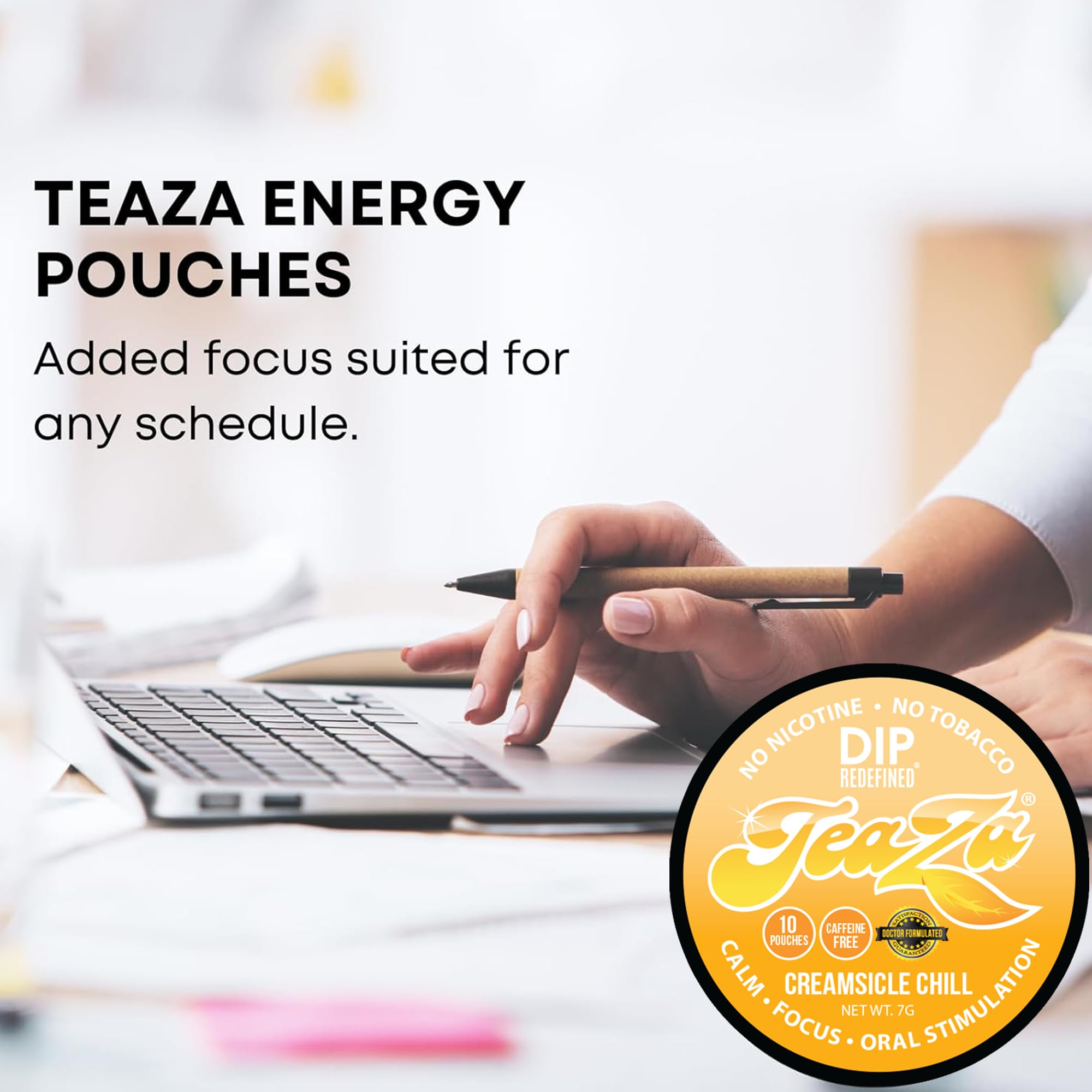 TeaZa Energy Pouches label lists ingredients and calories.