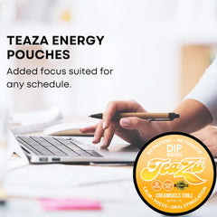 TeaZa Energy Pouches label lists ingredients and calories.