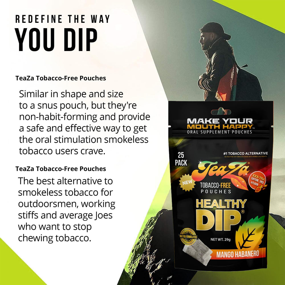 TeaZa Energy Pouches Mango Habanero outer-pack shown for convenient tobacco-free use.