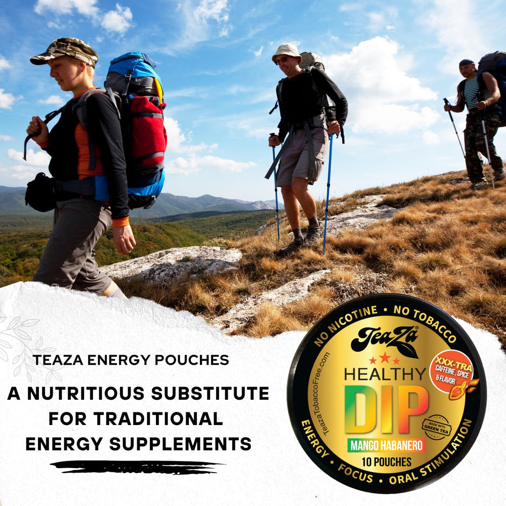 TeaZa Energy Pouches Mango Habanero pack label highlights flavor and nicotine-free composition.