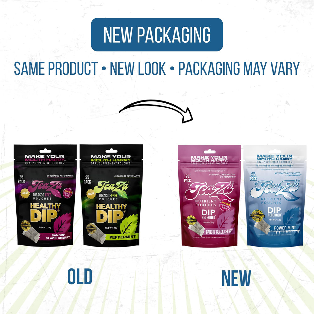 TeaZa Energy Pouches back panel highlighting vegan and gluten-free notes