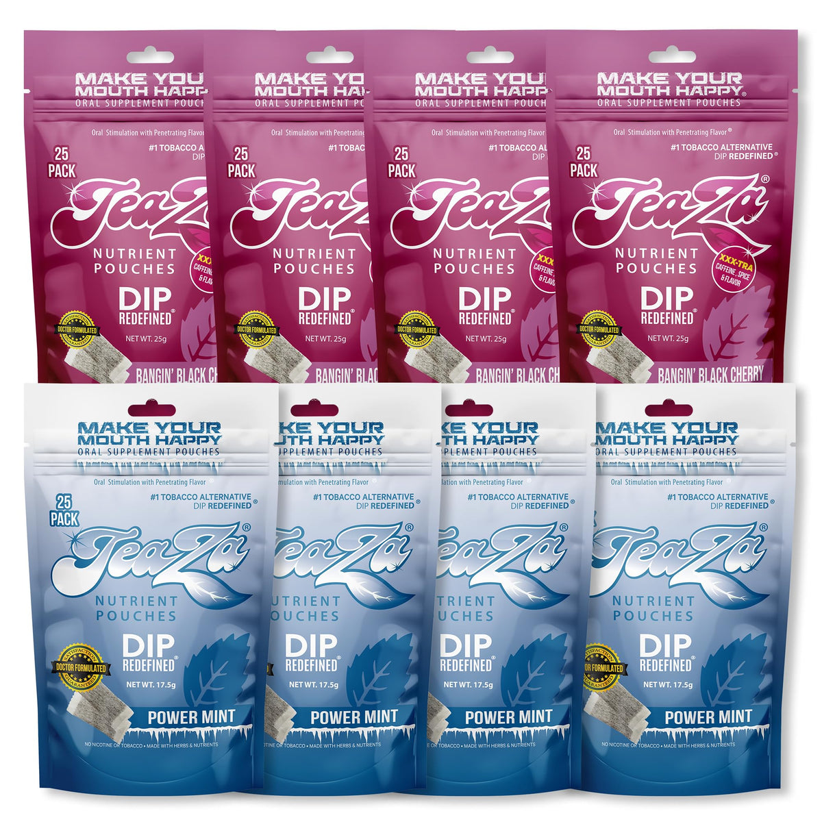 TeaZa Energy Pouches pack front showing eight nicotine-free pouches for a smokeless alternative