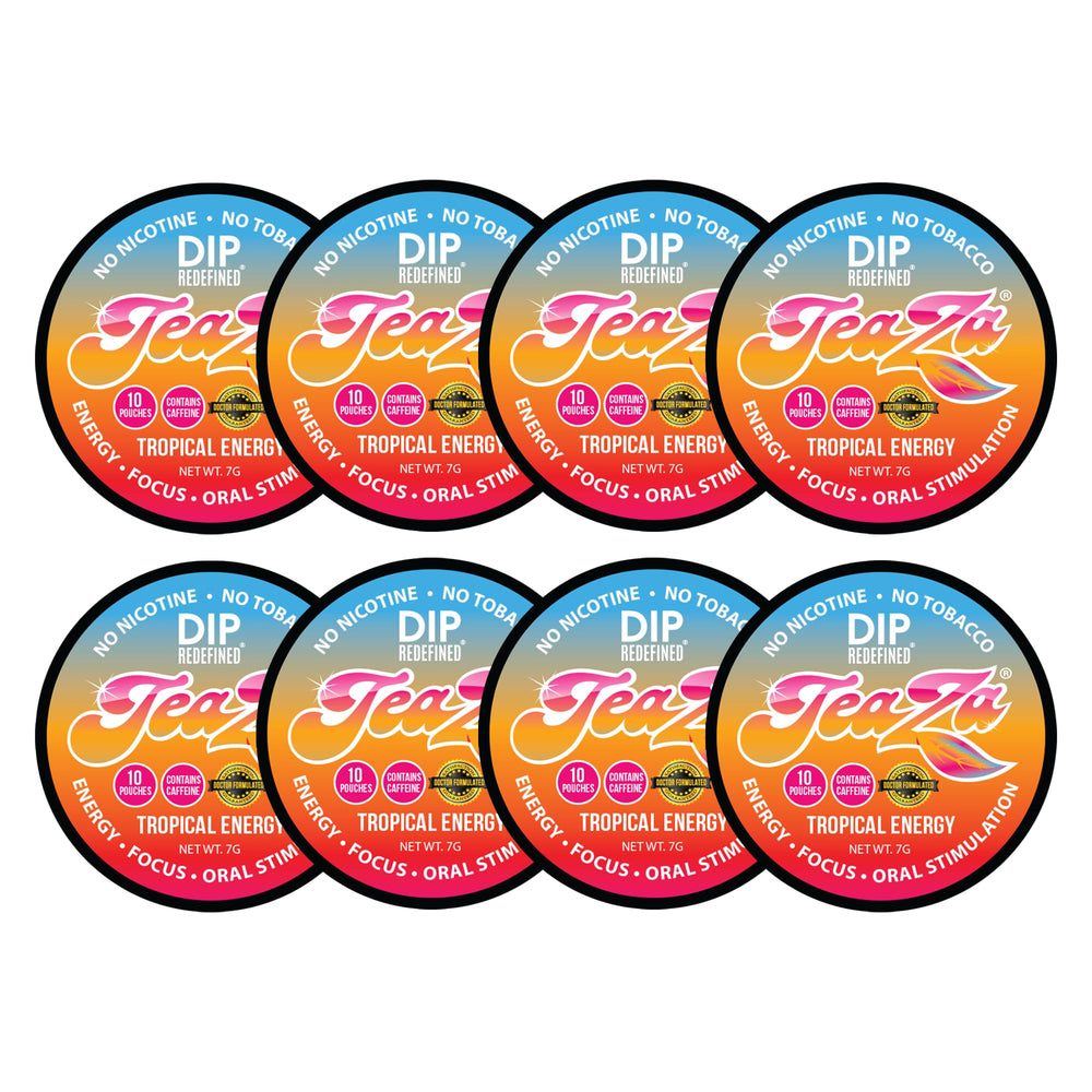 TeaZa Energy Pouches Tropical Pineapple Mango 8-pack for focused energy on the go.