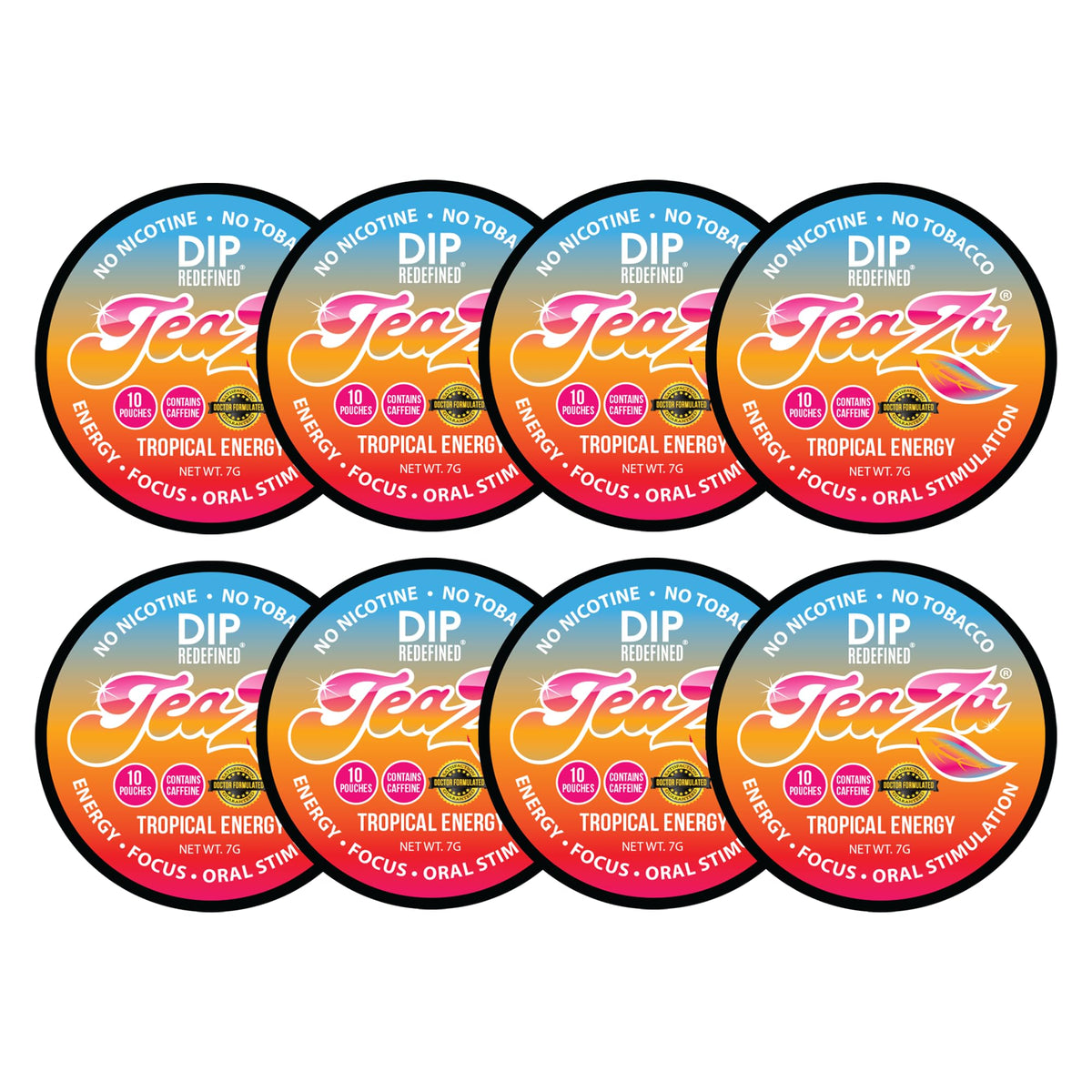 TeaZa Energy Pouches Tropical Pineapple Mango 8-pack for focused energy on the go.