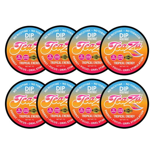 TeaZa Energy Pouches Tropical Pineapple Mango 8-pack for focused energy on the go.