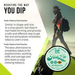 TeaZa Energy Pouches Wintergreen Chill texture close-up shows smooth energy, no caffeine.