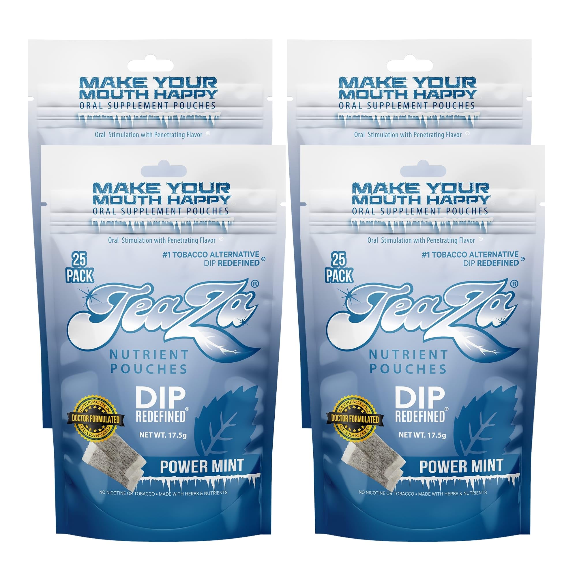 TeaZa Energy Power Mint packaging shows a four-pack for convenient, on-the-go energy.