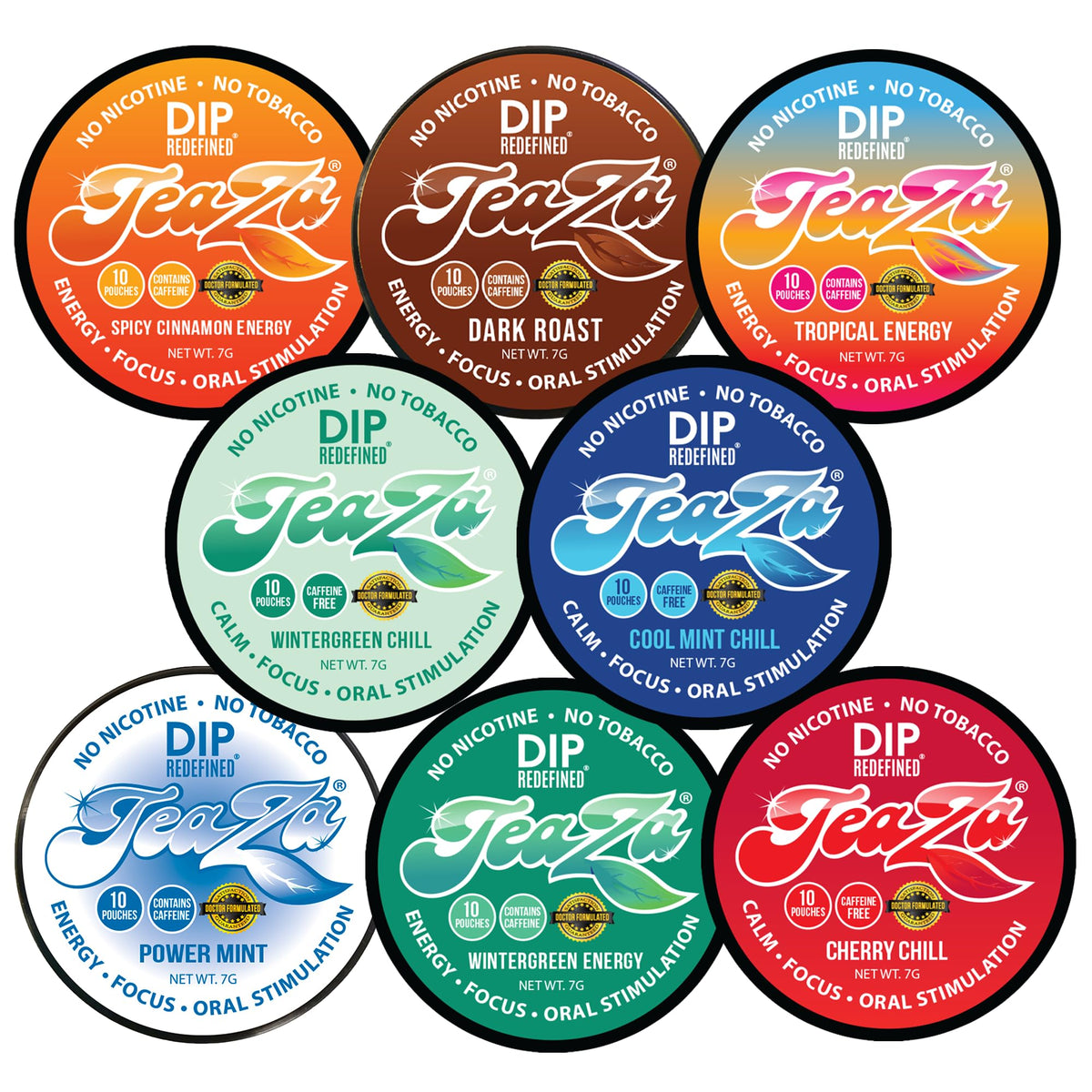 TeaZa Energy variety pack flavored pouches for a tobacco-free energy boost.