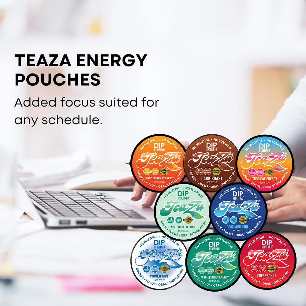 TeaZa Energy pouches suitable for on-the-go, discreet energy.