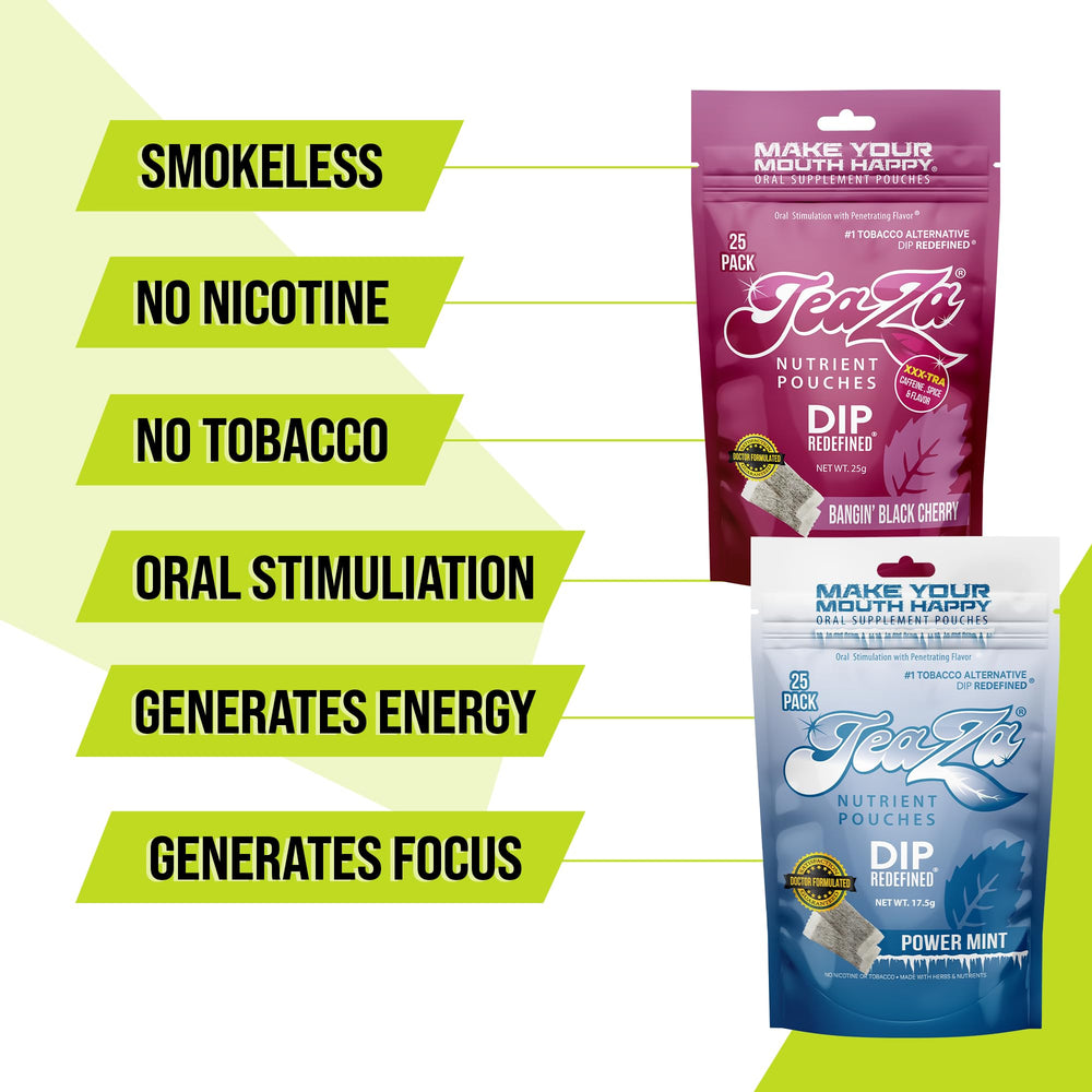 TeaZa four-pack box showcases the tobacco-free energy pouches for everyday use.