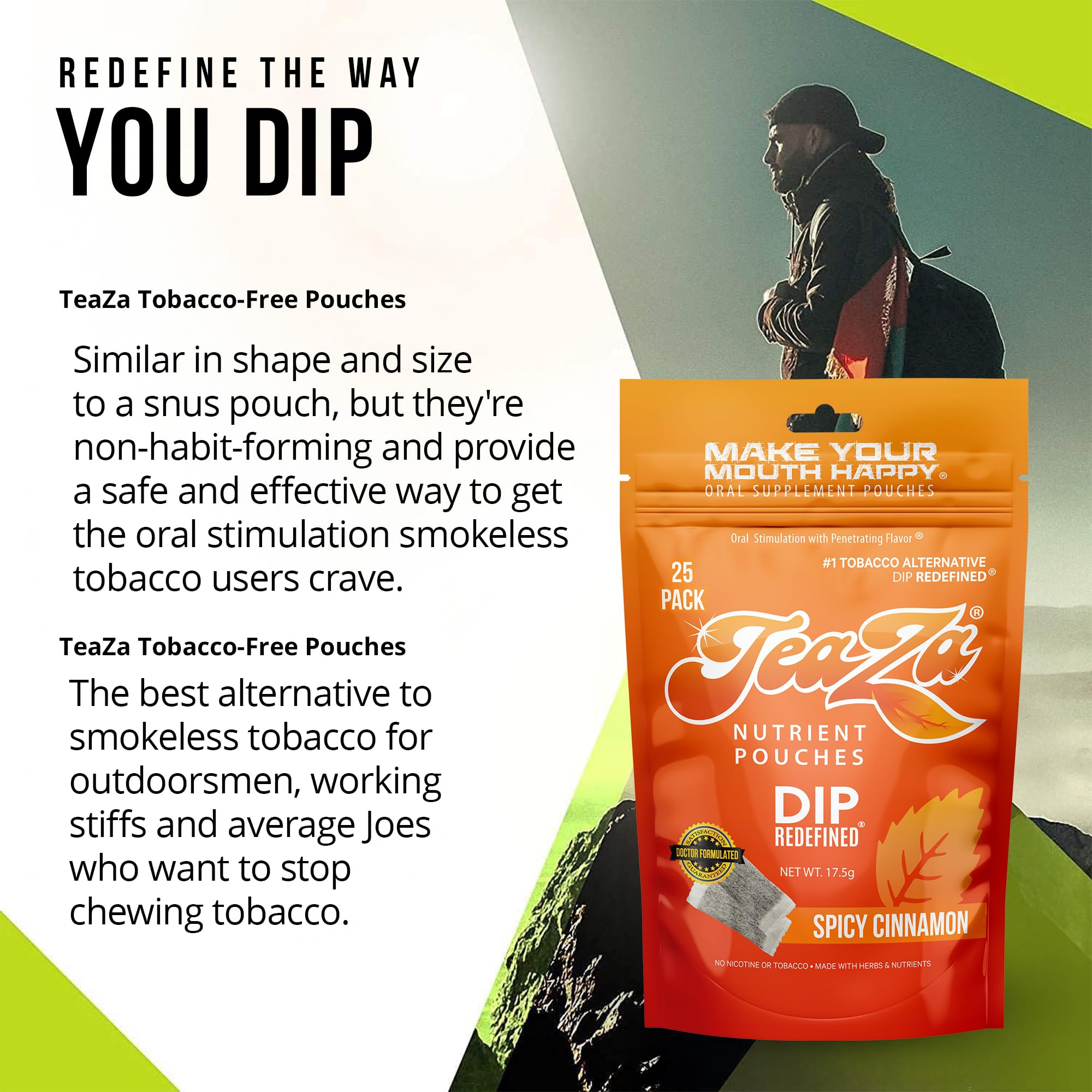 TeaZa Spicy Cinnamon Energy Pack with zip closure for portability.