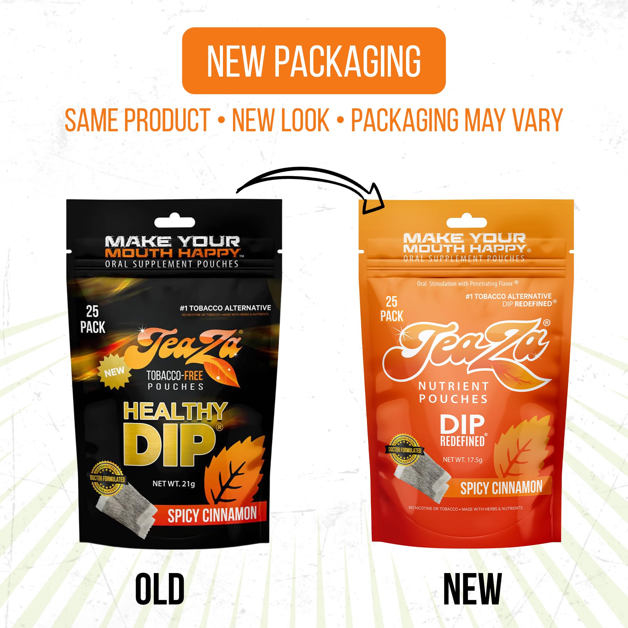 TeaZa Spicy Cinnamon Energy Pouch back view shows packaging and tobacco-free convenience.