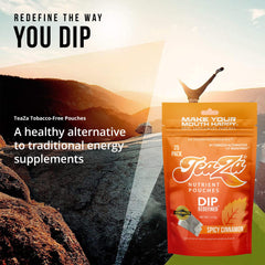TeaZa Spicy Cinnamon Energy Pouches close-up captures spice aroma.