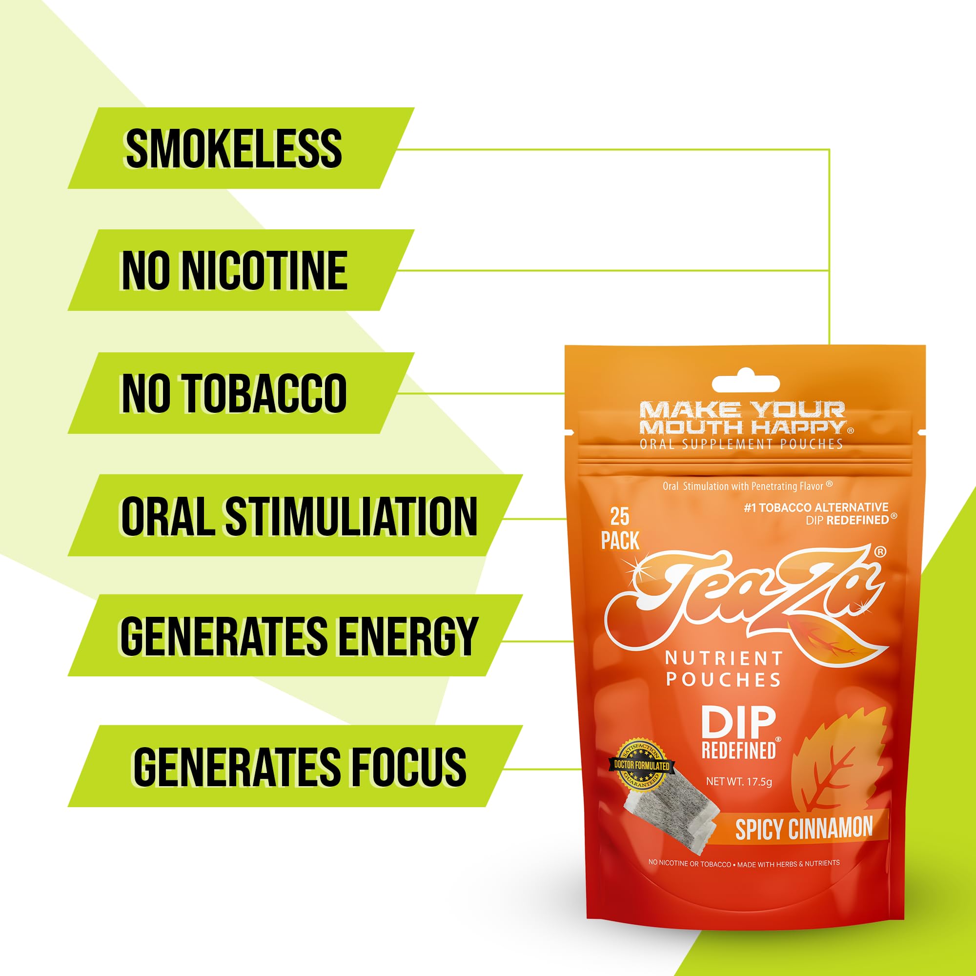 TeaZa Spicy Cinnamon pouch offers long-lasting flavor and a focused energy without nicotine.