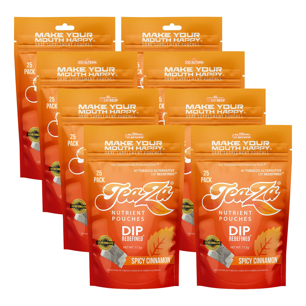 TeaZa Spicy Cinnamon pouch delivers bold flavor in a smokeless format for on-the-go energy.