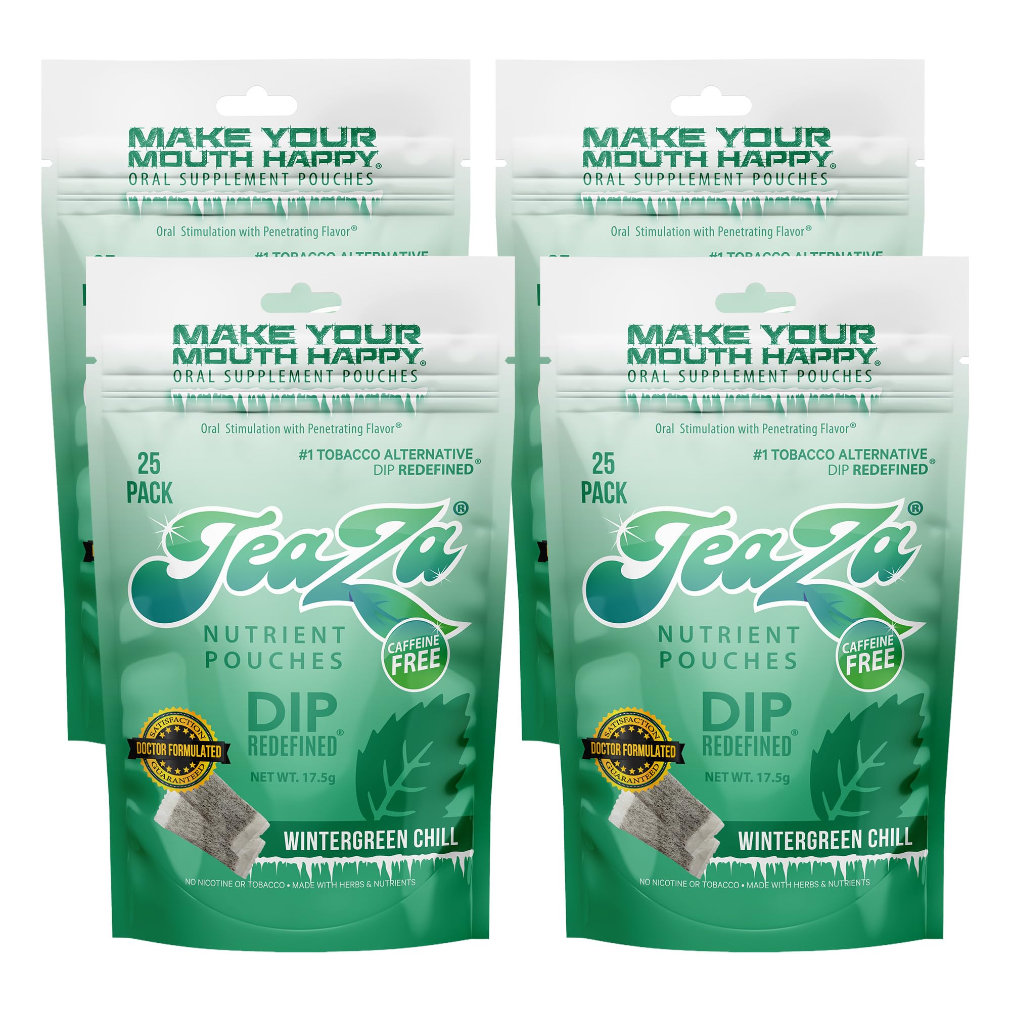 TeaZa Wintergreen Chill pouch closeup showing nicotine-free energy and refreshing flavor