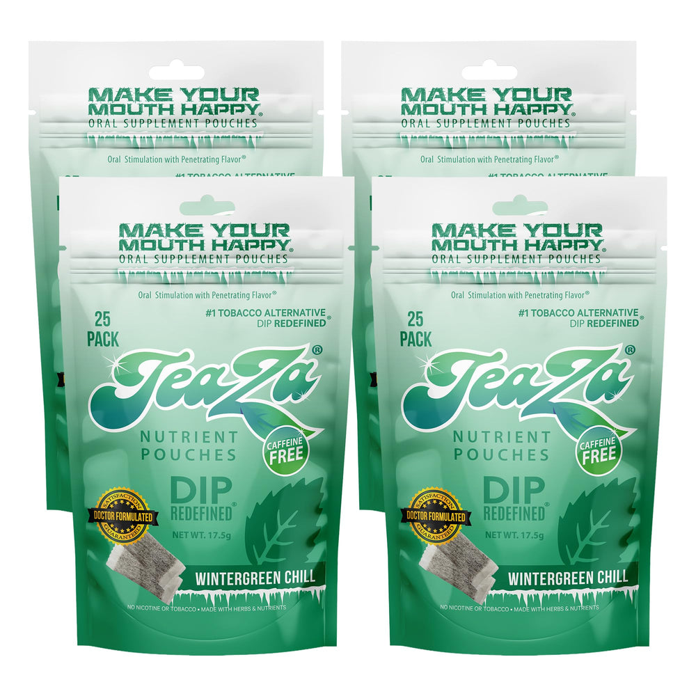 TeaZa Wintergreen Chill pouch closeup showing nicotine-free energy and refreshing flavor