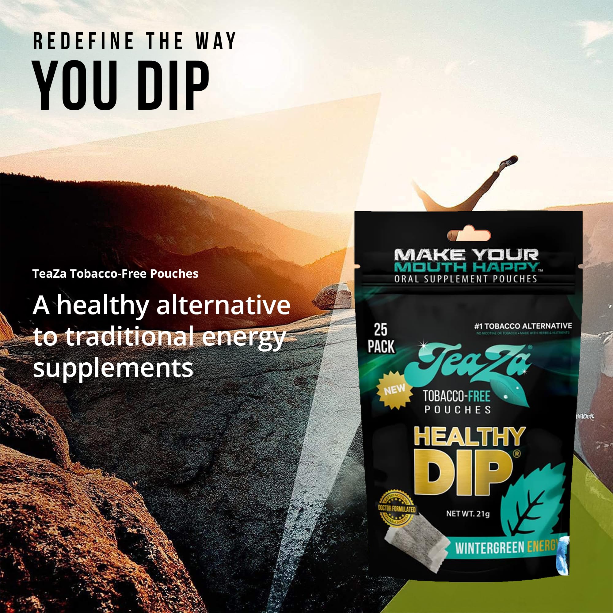 TeaZa Wintergreen Energy pouch opened to reveal crisp internal texture.