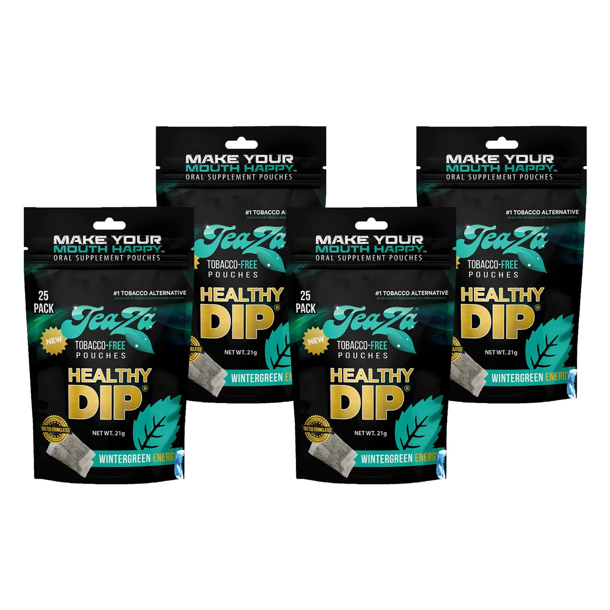TeaZa Wintergreen Energy pouch pack shot highlighting nicotine-free, refreshing flavor.