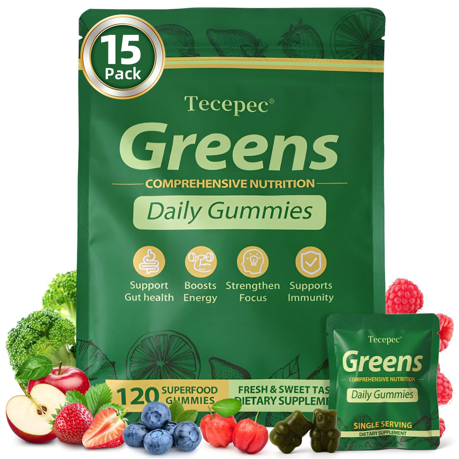 Tecepec Greens Daily Gummies bottle front showing convenient daily wellness for digestion