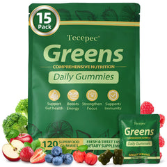 Tecepec Greens Daily Gummies bottle front showing convenient daily wellness for digestion
