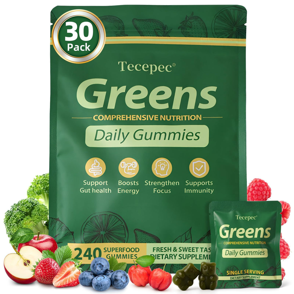 Tecepec Greens Daily Gummies bottle on a counter for daily wellness.