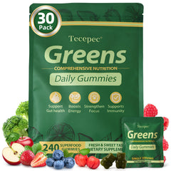 Tecepec Greens Daily Gummies bottle on a counter for daily wellness.