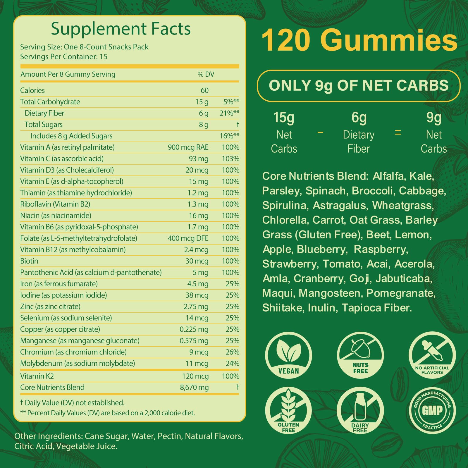 Tecepec Greens Daily Gummies close-up gummy reveals vibrant green color and whole-food nutrition