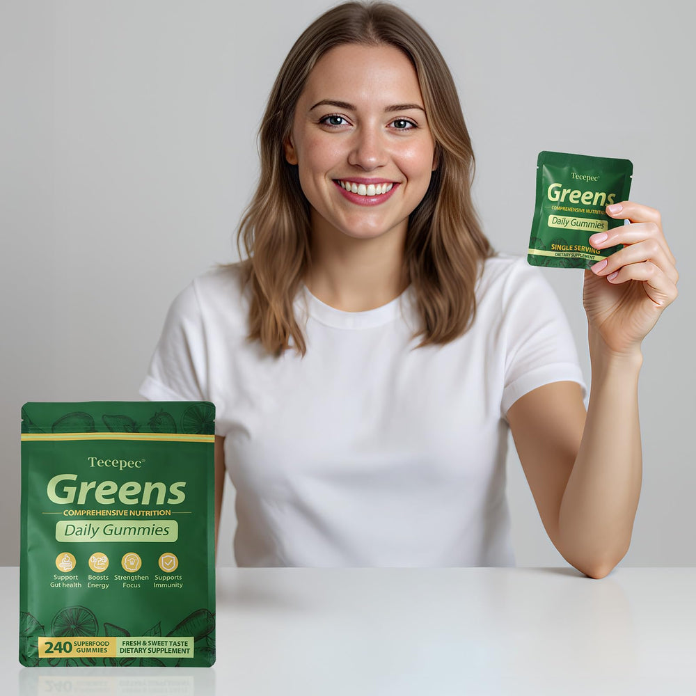 Tecepec Greens Daily Gummies on desk with planner for daily routine.