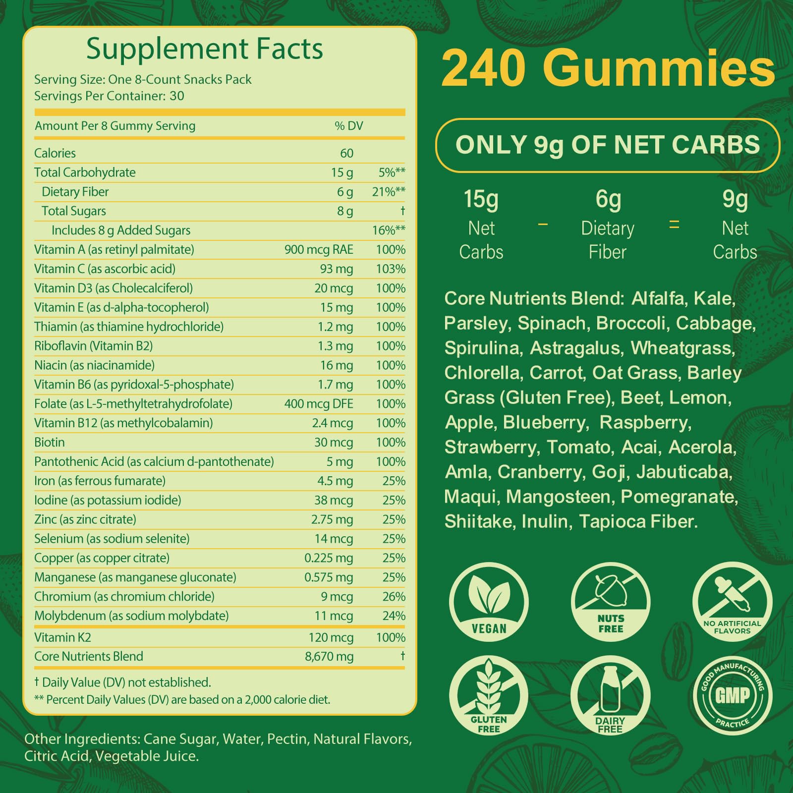 Tecepec Greens Daily Gummies ingredient panel highlighting spirulina and chlorella.