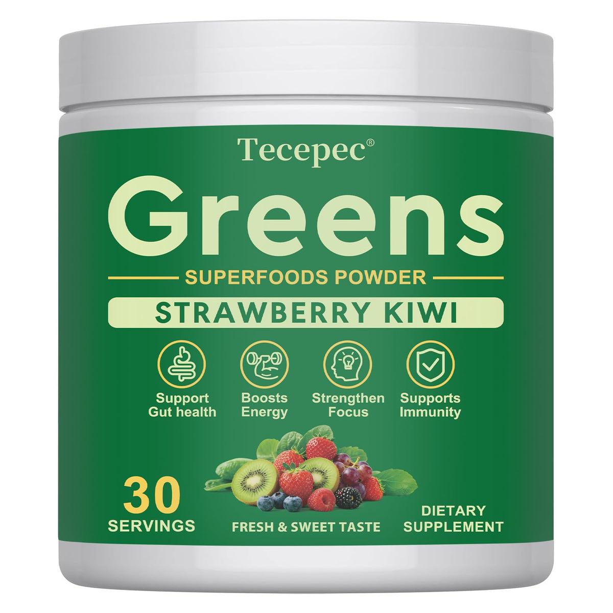 Tecepec Super Greens Powder bottle for daily nutrition and sustained energy