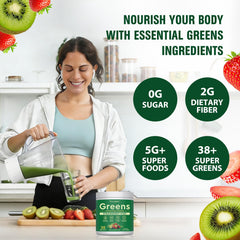 Tecepec Super Greens Powder ingredients panel highlights spirulina, chlorella, and probiotics