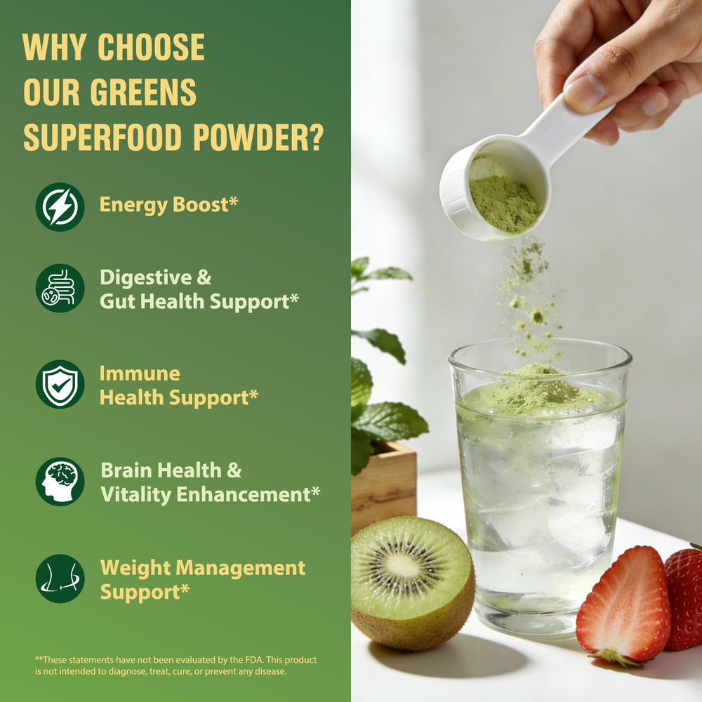 Tecepec Super Greens Powder label closeup emphasizes clean ingredients and quality