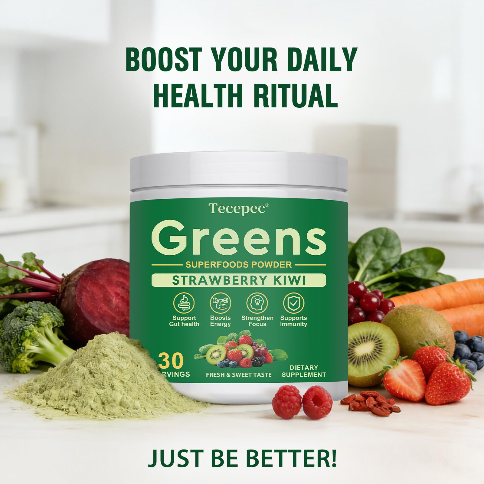Tecepec Super Greens Powder ongoing-use scenario shows daily vitality across a busy day