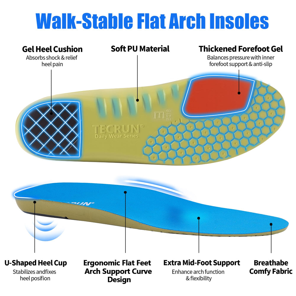 TECRUN insoles sweat-wicking fabric keeps feet dry during workouts.
